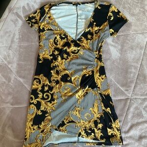 iris Black and Gold Baroque V-Neck Mini Dress